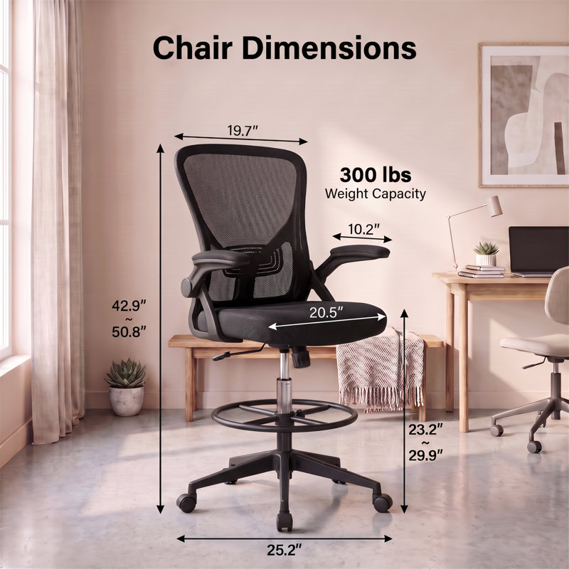 Mesh Drafting Chair with Adjustable Footrest and Lumbar Support, Black