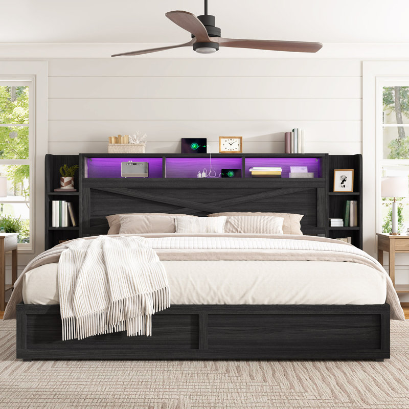Shila Farmhouse Storage Bed with Bookcase Headboard, Black, King