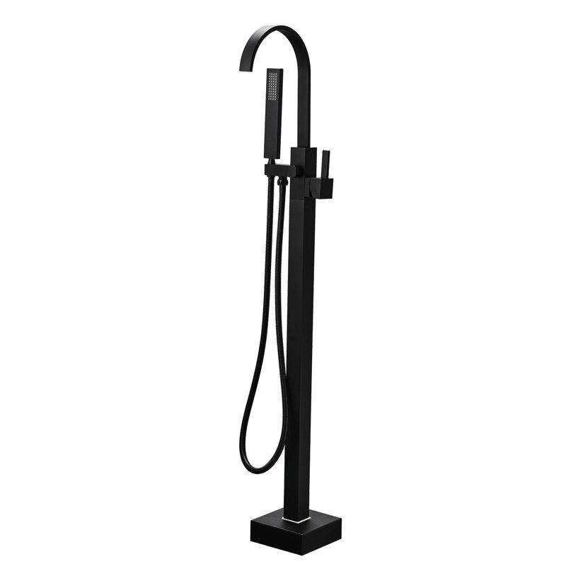 Bathroom Floor Mount Bathtub Faucet With Handheld Shower - Black Matte Finish Curved And 1/2 Thread