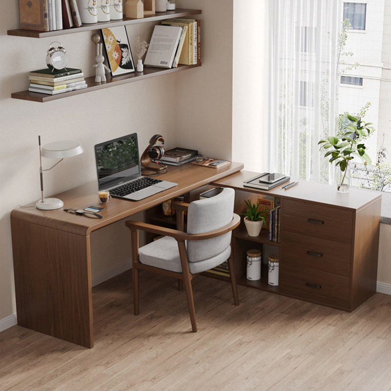 Ensemble de bureau en bois massif en L 86,61 "noyer foncé