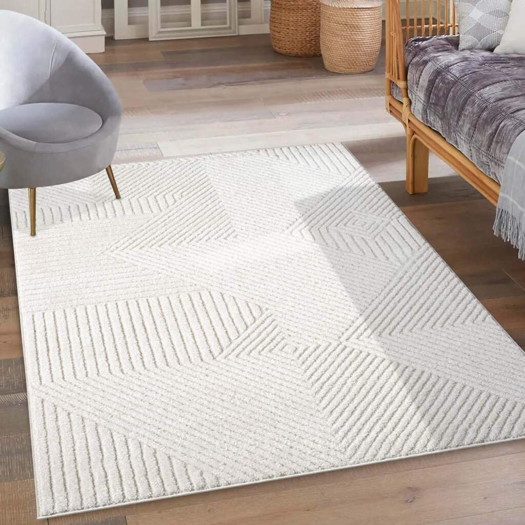 Teppich Lounge 0632 Kurzflor Creme 120x170 cm Modern Geometrisch 3D-Effekt für Wohnzimme, Schlafzimmer Dollie