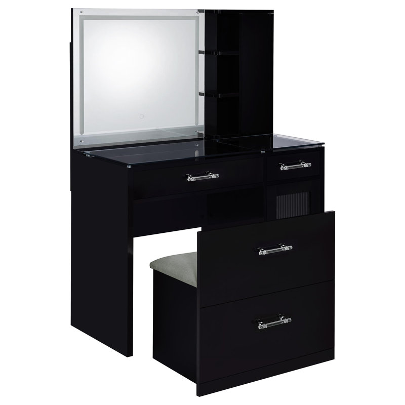 Ensemble de meuble-lavabo 2 tiroirs avec miroir à DEL Jaiyla, Noir, noir, noir, noir