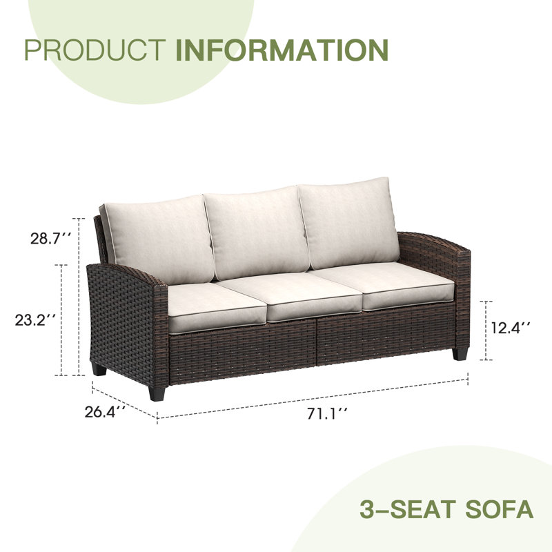 71" Hand-Woven Wicker Outdoor Sofa, Beige, Brown