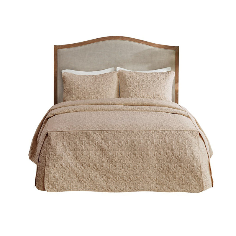 Sandy 3 Piece Split Corner Classic Pleated Quilted Bedspread Set, Queen Quilt + 2 Shams, Khaki