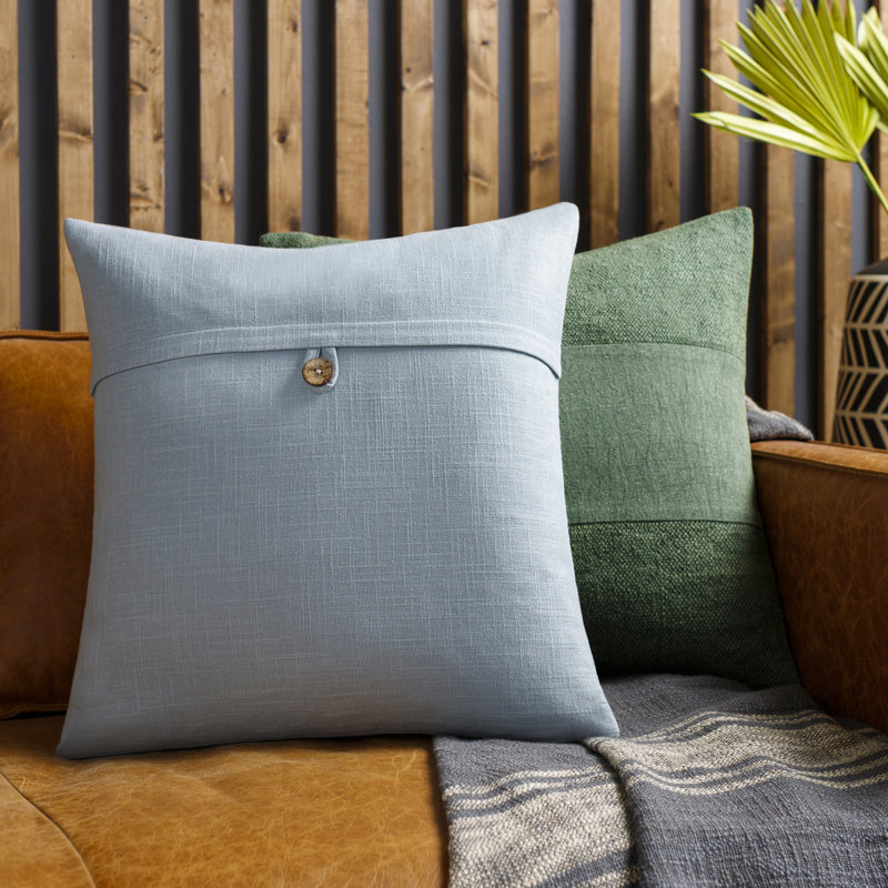 Leigh Buttons Cotton Throw Pillow, 18" x 18", Polyester, Ice Blue