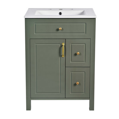 Meuble-lavabo de 24 pouces avec lavabo en céramique, 1 porte à fermeture douce, 2 tiroirs à fermeture douce