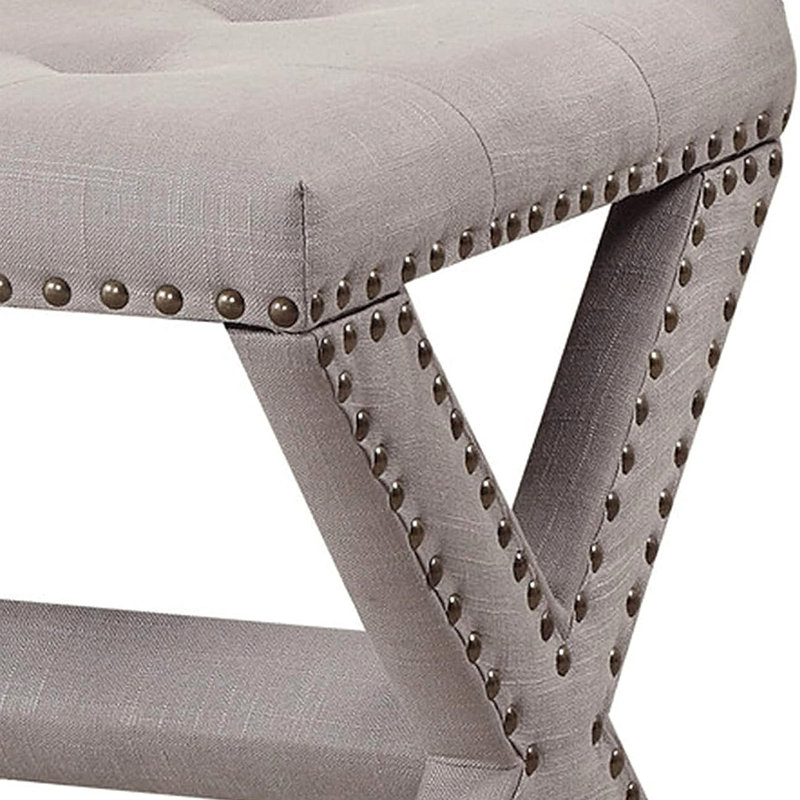 Banc décoratif en mélange de lin avec garniture cloutée, banc de siège capitonné pour le salon du vestibule, Gris