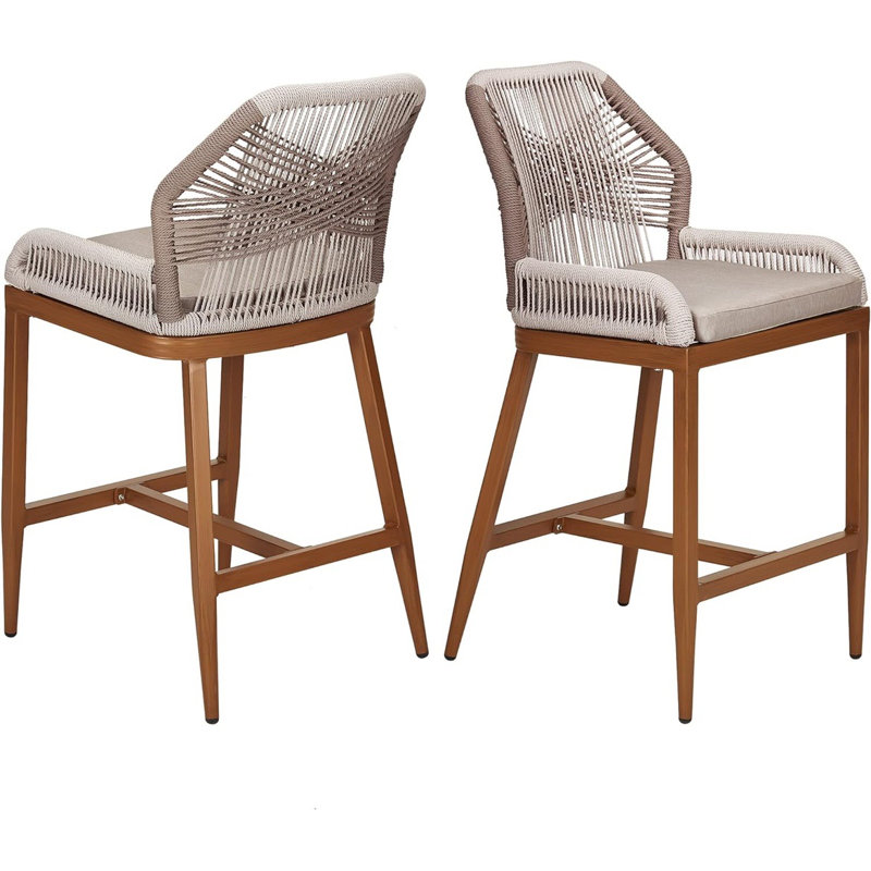 Gray and Brown Rope Woven Outdoor Bar Stools with Cushions