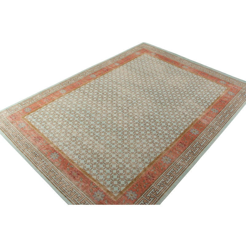 Distressed Homage Hand Knotted Wool Geometric Area Rug in Blue, Orange, Red, Beige, Brown, Rectangle 8' x 10'