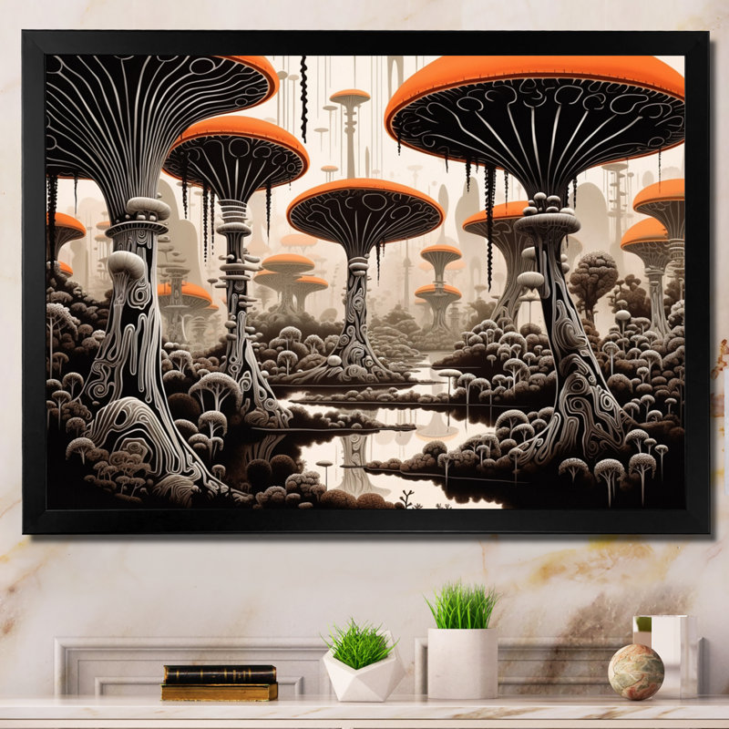 Illustration rétro de champignons magiques rouges - impression, H 30 po x l 40 po x P 1,5 po, Cadre simple noir