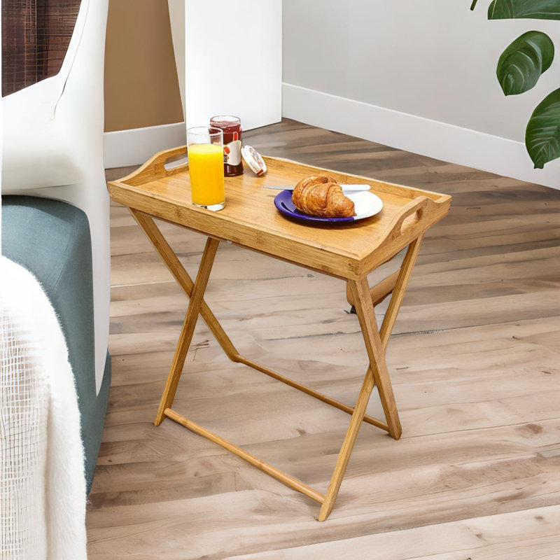 Bamboo Folding Side Table With Detachable Serving Tray Living Room