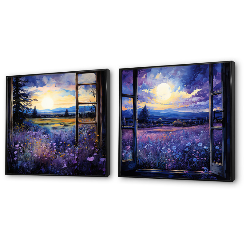 Lavande Horizon Country Side Windows I - ensemble de 2 reproductions d'art de ferme, Cadre flottant noir