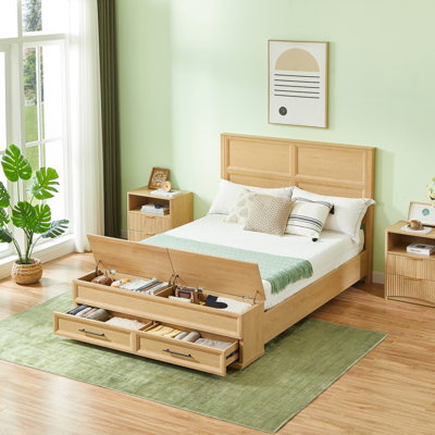 Lit moderne avec tête de lit géométrique 3D et banc de rangement - rangement à 4 tiroirs