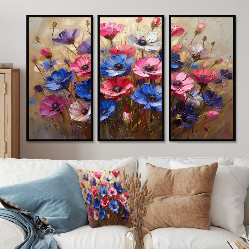 - Ensemble d'art mural bleuets, H 28 po x l 36 po x P 1 po, Toile avec cadre flottant noir