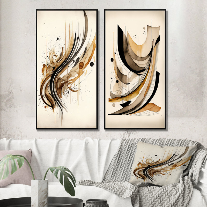 2 pièces sur toile - mouvement brun et noir, Cadre noir, H 40 po x l 40 po