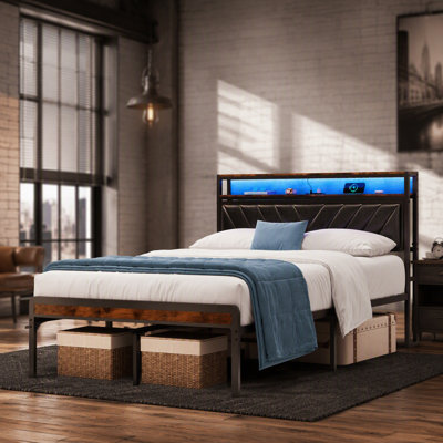 Adjustable Upholstered Headboard Metal Platform Bed Frame with Charging Station, LED Lights and Noiseless Design for a Comfortable Sleep