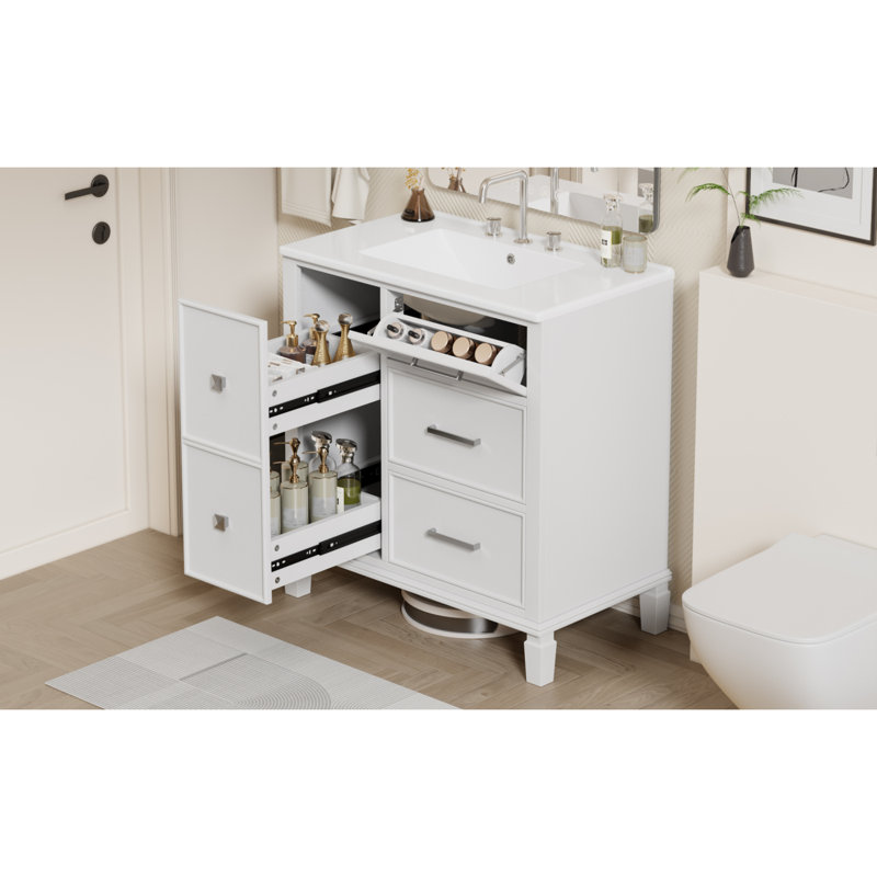 Meuble-lavabo de salle de bain avec lavabo en céramique / tiroir escamotable pour la plomberie / tiroirs / meuble-lavabo