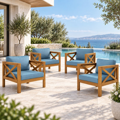 Ensemble de 4 fauteuils club d'extérieur en bois d'acacia avec coussins