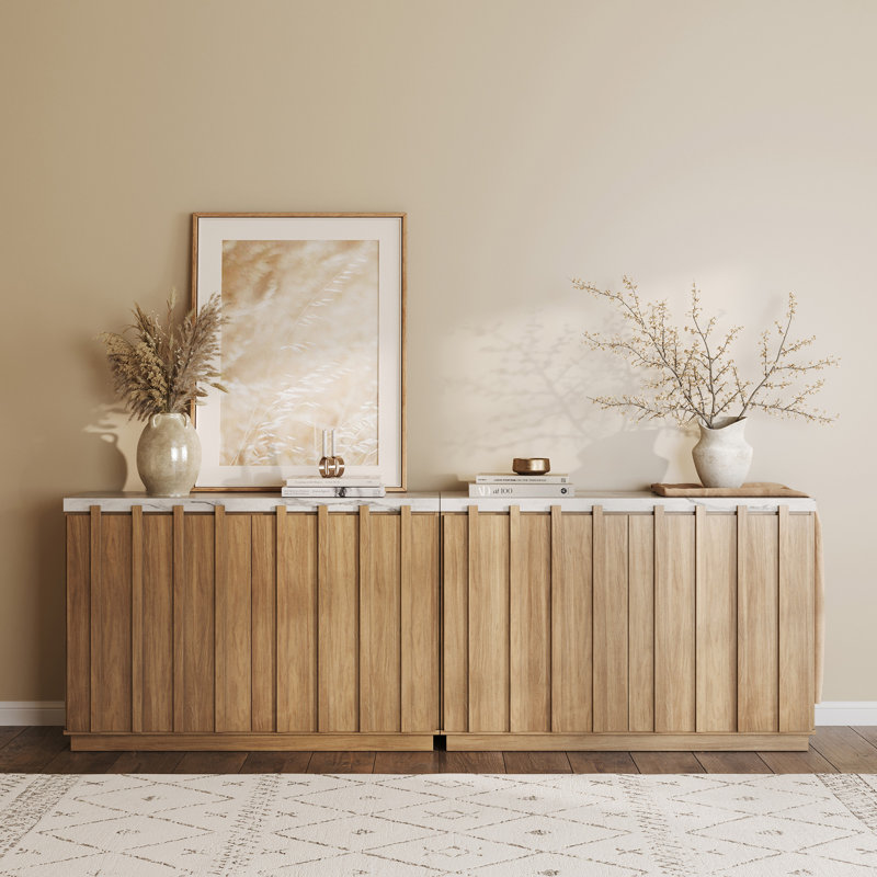 Ensemble de 2 buffets modernes avec plateau en faux marbre, brun clair