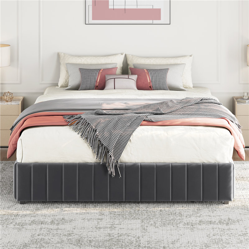 Lit plateforme tapissier avec rangement Argjirulla, Complète, Gris