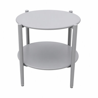 2 Tier Metal Round Outdoor Side Table with Storage Shelf Weather Resistant Small Accent Table for Patio Balcony Porch Living Room Garden Sturdy Easy Assembly Grey