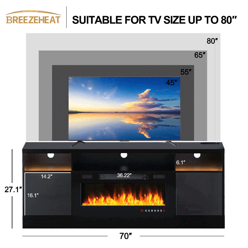 Remona TV Stand with Fireplace Included, Black