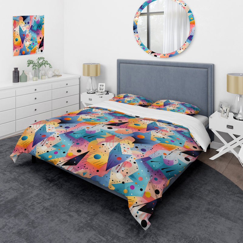 Multicolor Funky Cool Geometric Shapes Pattern Geometric Shapes Duvet Cover, King Duvet Cover + 2 King Shams