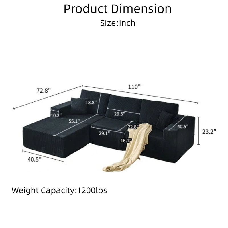 Canapé modulaire 110 po avec repose-pieds Cloud, Polyester noir