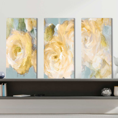 " Yellow Blooms On Blue " 3 - Pieces Painting Print