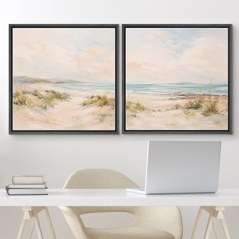 «Pastel Coastal Beach Dunes with Soft Sky and Ocean Breeze», ensemble de 2 reproductions d'art sur toile encadrées