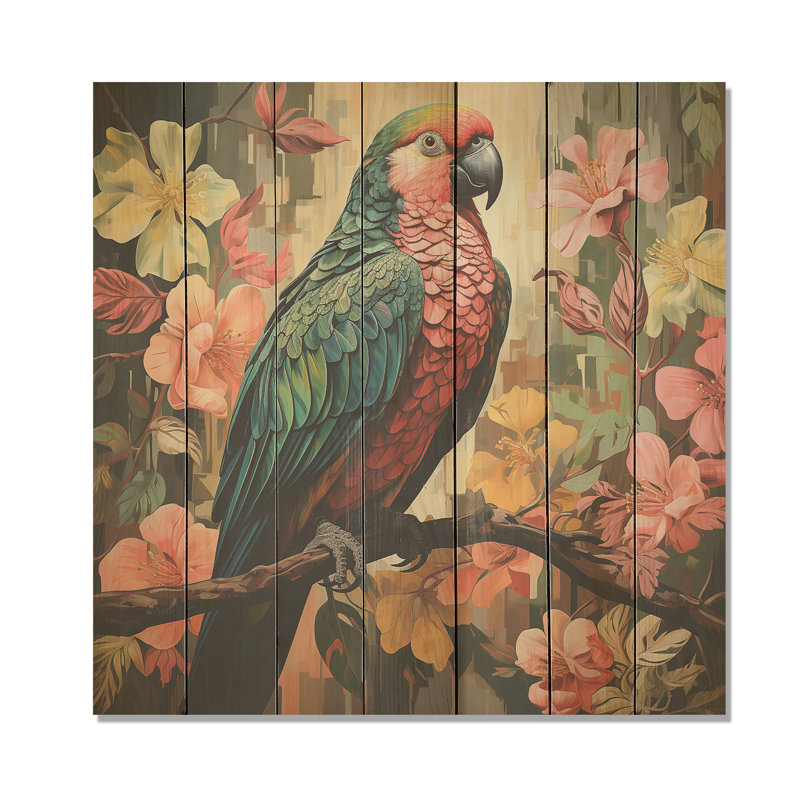 Faucon bleu et rose dans un arbre tropical II - perroquet sur bois, H 36 po x l 36 po
