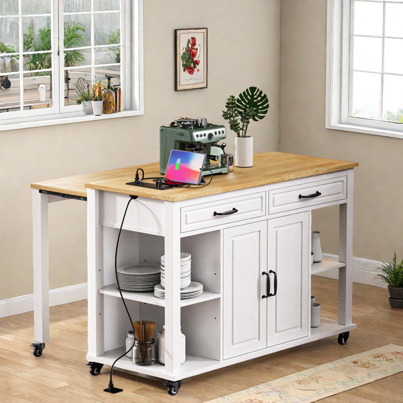 Kitchen Island With Extendable Dining Table, Internal Storage Rack, Power Outlet, 2 Drawers, 2 Cabinet And Open Shelves