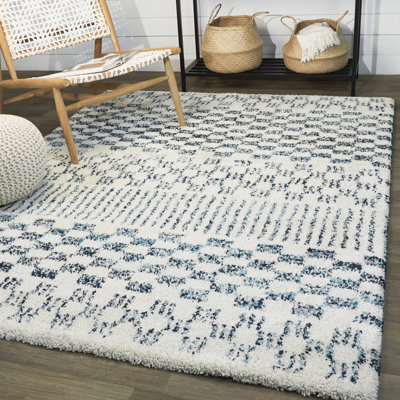Jiya Checkered Ivory Shag Area Rug