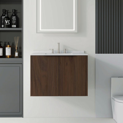 30 Inch Floating Bathroom Vanity With Sink, Soft-Close Door, 0.6-In Carrara White Cultured Marble Countertop Top & Backsplash,Plywood