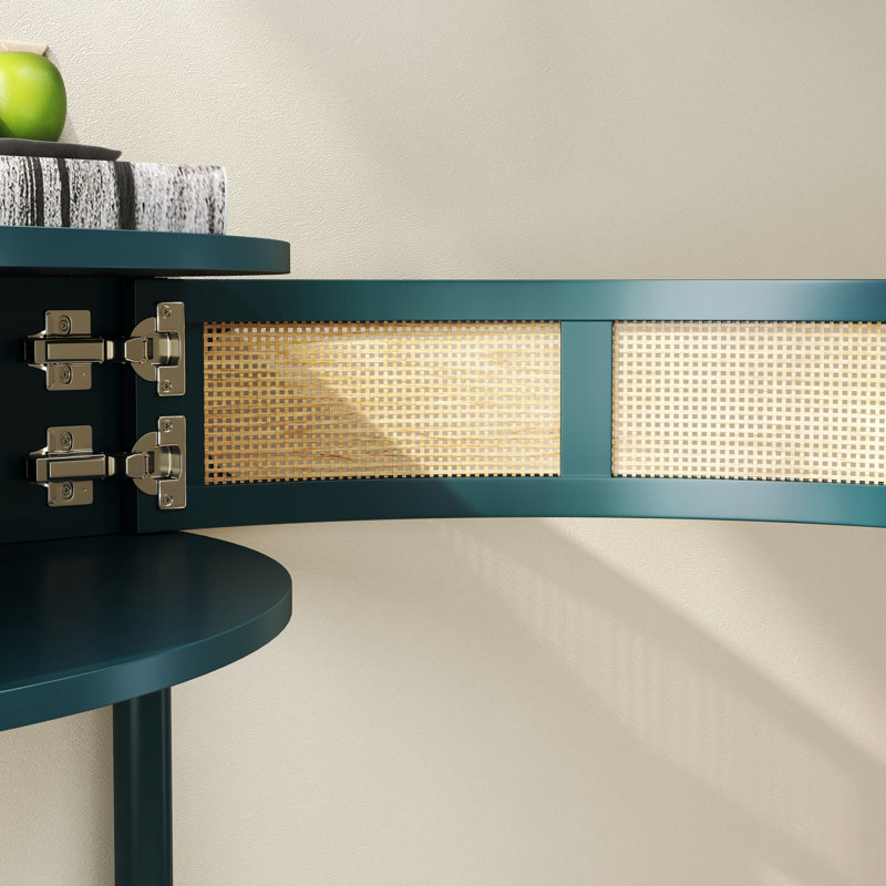 Table de bout unique en demi-lune avec porte coulissante en rotin, console élégante en demi-cercle avec 2 armoires de rangement en rotin et tablette inférieure pour le salon