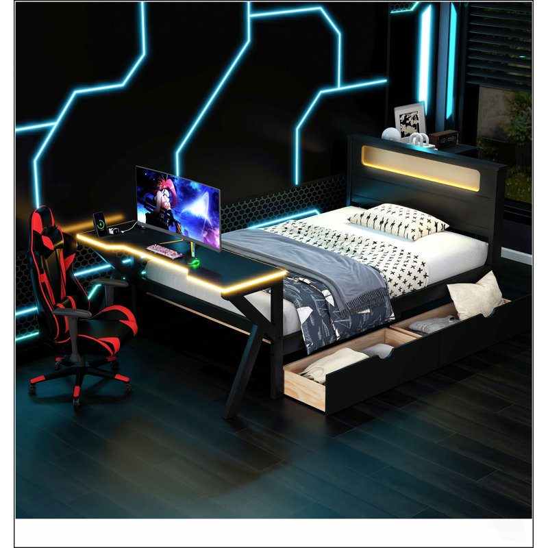 Lit plateforme de jeu en bois avec tête de lit DEL, bureau DEL, ports USB et deux tiroirs de rangement pour les joueurs modernes.