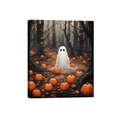 Vintage Halloween Canvas Wall Art 8x12, Single Ghosts In Haunted Forest Poster for kids Room, Spooky Pumpkin Pictures Print for Living Room, Dark Academia Halloween Art Wall Decor