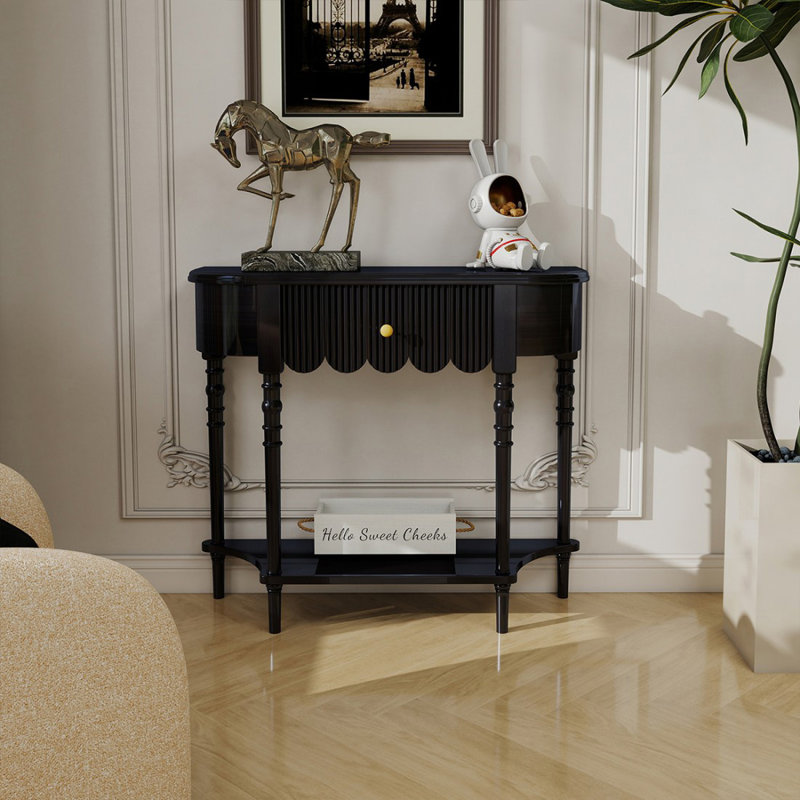 Console demi-cercle en bois massif noir, 34.65" H x 39.37" W x 11.81" D