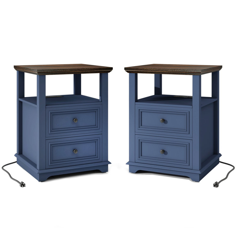 Rustic Nightstand with Charging Station – 18" Bedside Table with 2 Drawers & Open Shelf, Modern Farmhouse, Blue, Set of 2