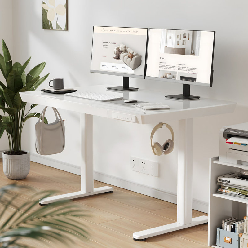 Seila Glass Top Height Adjustable Standing Desk, Computer Desk with Drawer, USB Port and Type-C Port, 46.5" H x 48" W x 24" D