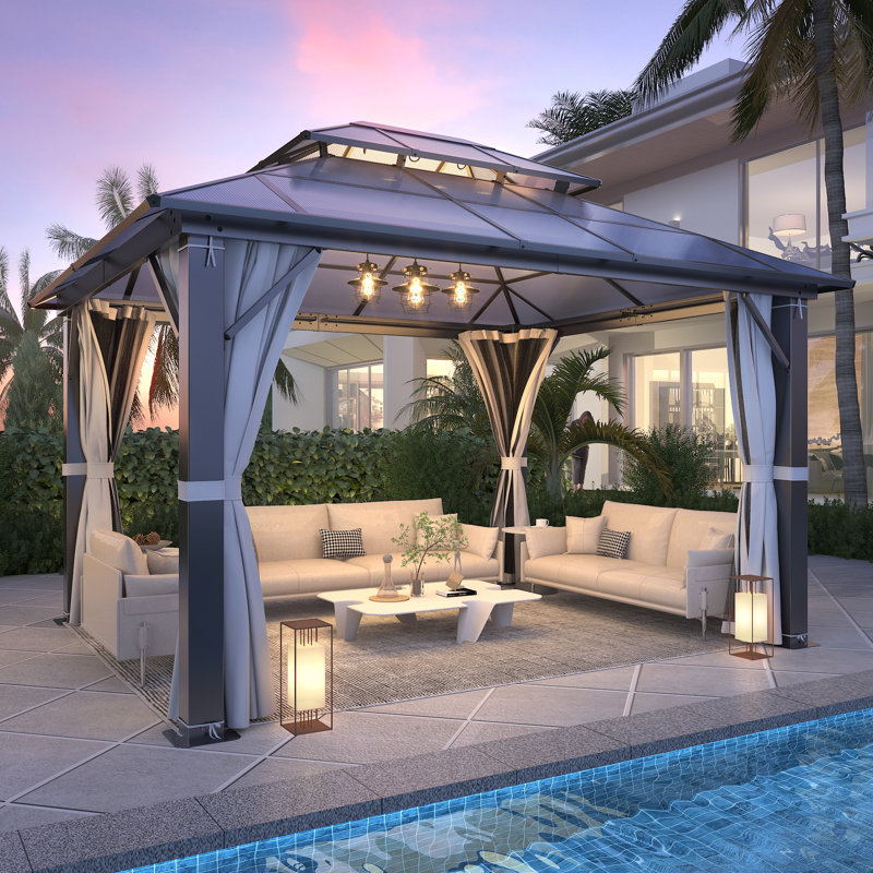 Patio Gazebo Double Roof with Steel Frame, Polycarbonate Hardtop Aluminum Gazebo, 10 ft. W x 12 ft. D