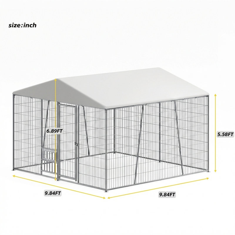 Enceinte d'extérieur robuste pour chien de 10 x 10 pieds, comprenant un plateau d'alimentation, un couvercle supérieur imperméable complet, une barrière soudée en fil métallique simple à assembler avec un mécanisme de verrouillage sécuritaire.