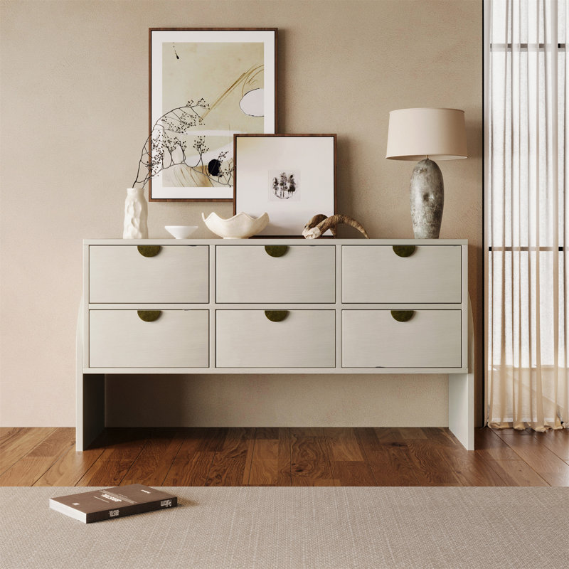 Retro Style Rubber Wood Veneer Six-Drawer Dresser Sideboard Cabinet Console Table Sofa Table Ample Storage Spaces For Living Room