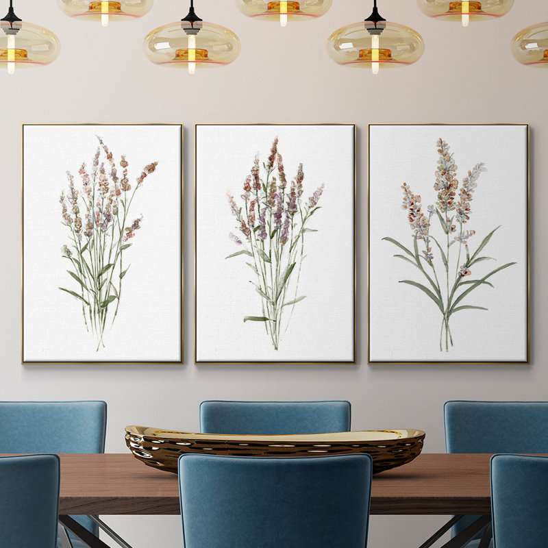 "Dicat Botanical I", reproduction sur toile 3 pièces, H 40 po x l 90 po x P 2 po, Or