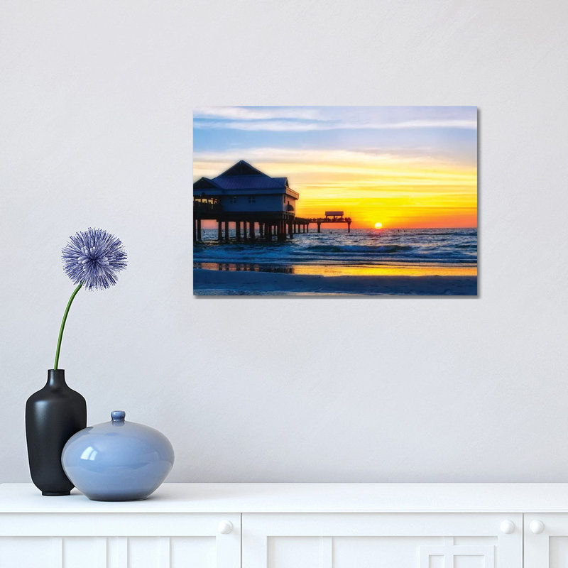 Clearwater Beach Sunset Over The Pier, Florida by George Oze - Print on Canvas, Wrapped Canvas, 30.48 cm H x 45.72 cm W