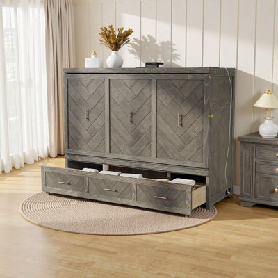Grand lit escamotable avec charge USB et panneaux géométriques - Lit armoire en pin gris
