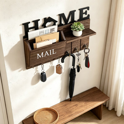 Rustic Wooden Key Holder with Mail Organizer and Shelf, Wall Mounted Entryway Key Rack with Hooks for Keys, Coats, Hats, Bags, and Dog Leash, Farmhous