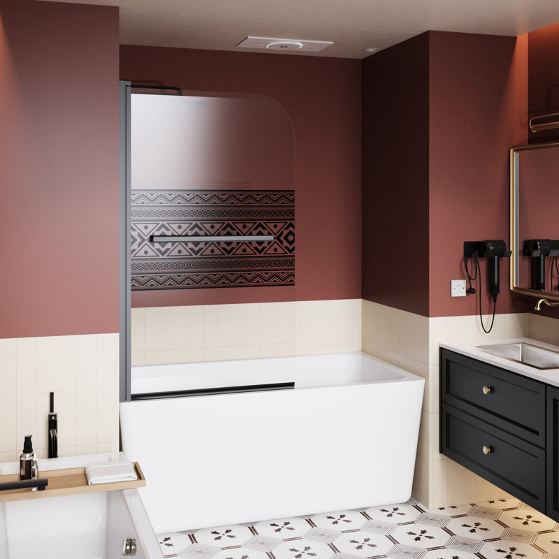 Bohemian Style Tempered Glass Shower Screen, 32 In Wide, 55 High, 1/4 Inch Thick, Black, Zinc Alloy Hardware, Reversible Left - Right Hinge Bathtub Door, Black Stainless Steel Handles, Corrosion