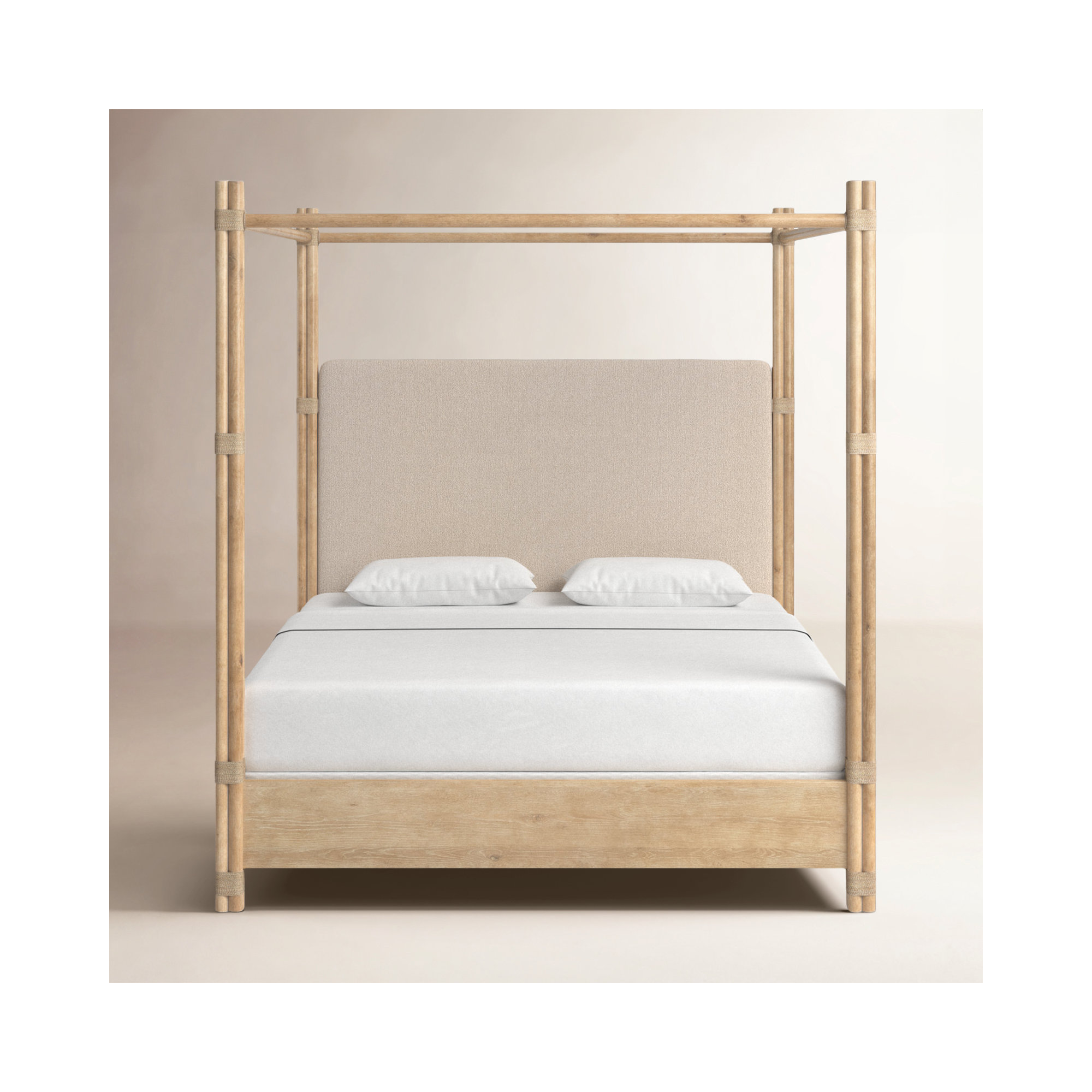 Isla Upholstered Woven Canopy Bed, Light Wood/Dune/Neo Cream, King