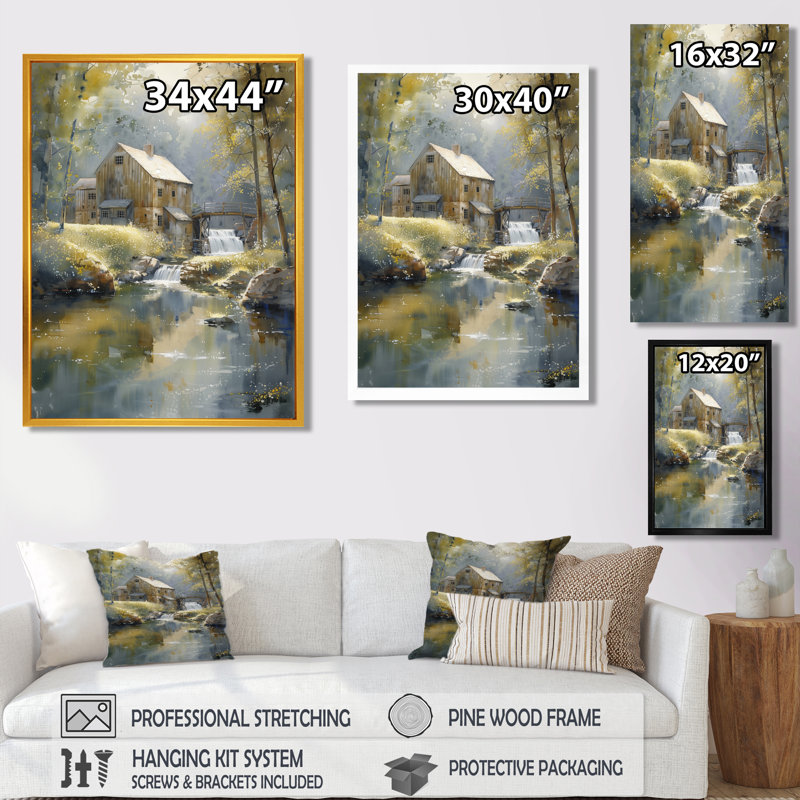 Gris, vert, été, refuge de campagne, moulin I - moulins, art mural, salon, Cadre simple blanc, bois massif, H 34 po x l 44 po